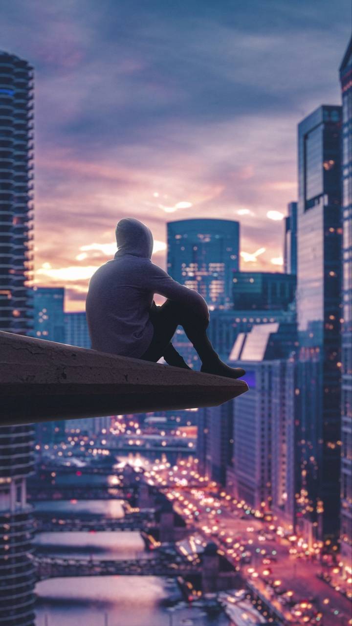 Alone Guy City Watching iPhone Wallpaper