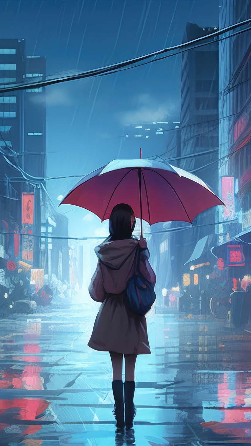 Anime girl walking in rain umbrella iPhone Wallpaper HD