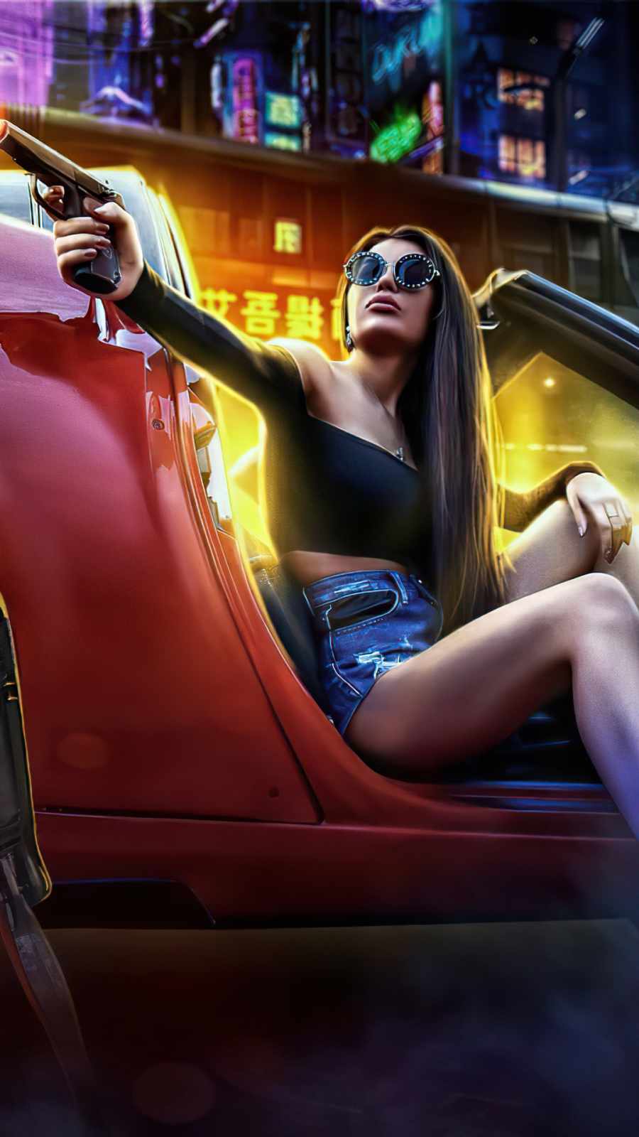 Girl with Gun in Car Pointing Gun Scifi