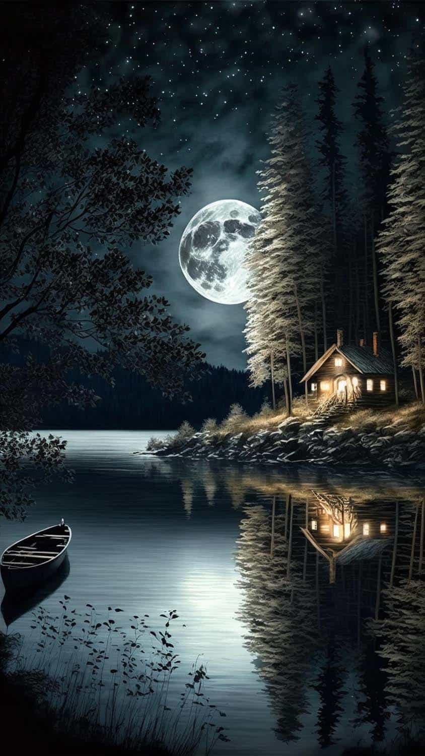 Lake Side House Moon Night iPhone Wallpaper HD