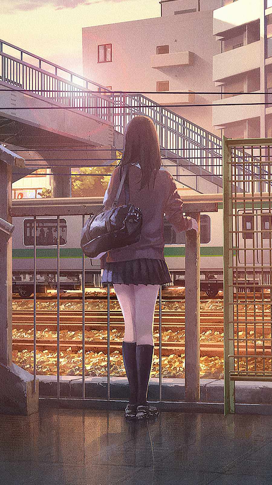 anime girl platform watching train