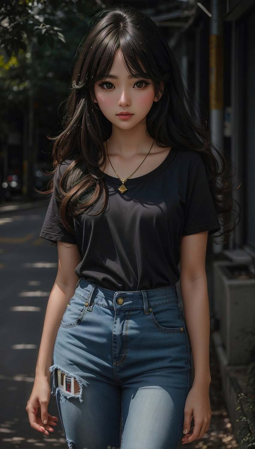Beautiful Girl Jeans Black Tops iPhone Wallpaper 4K
