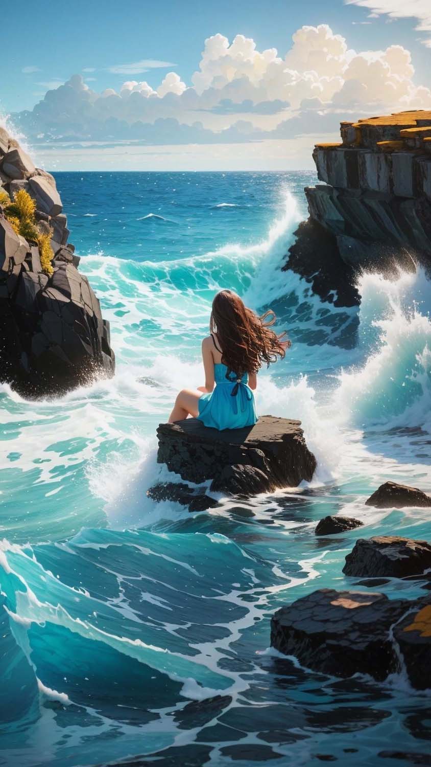 Girl Sitting Alone on Ocean Rocks iPhone Wallpaper 4K