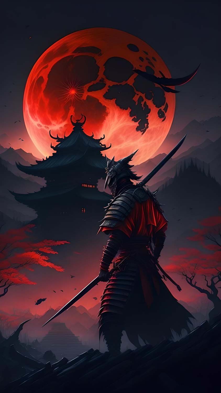 Samurai Red Moon iPhone Wallpaper 4K