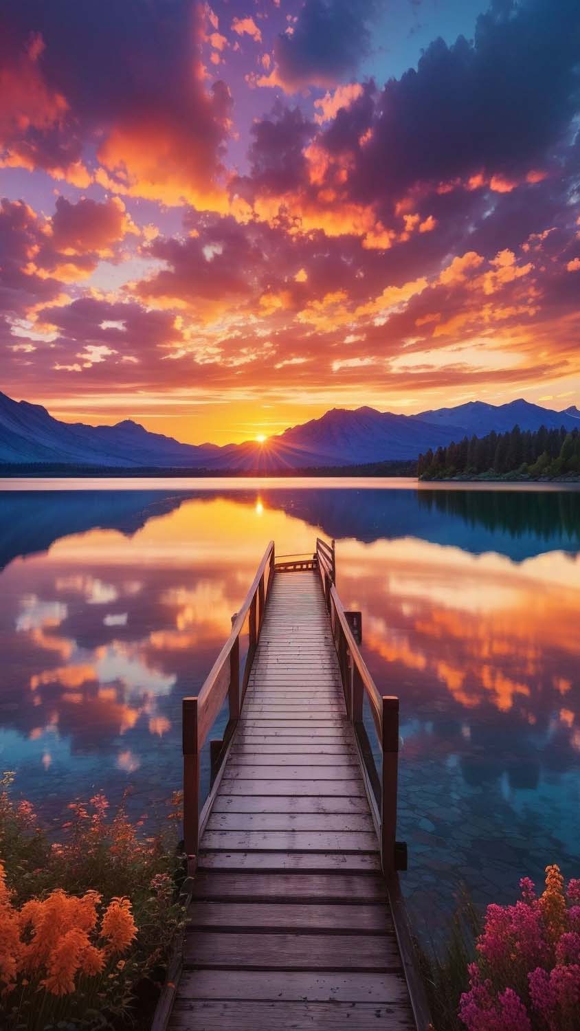 Sunset Lake Reflection Pier iPhone Wallpaper 4K