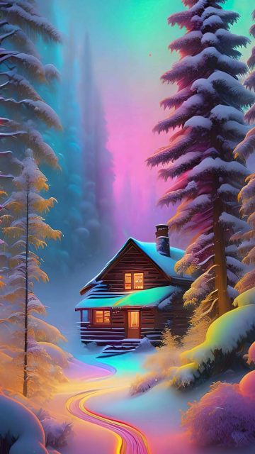 Cabin in Snow Forest Wallpaper