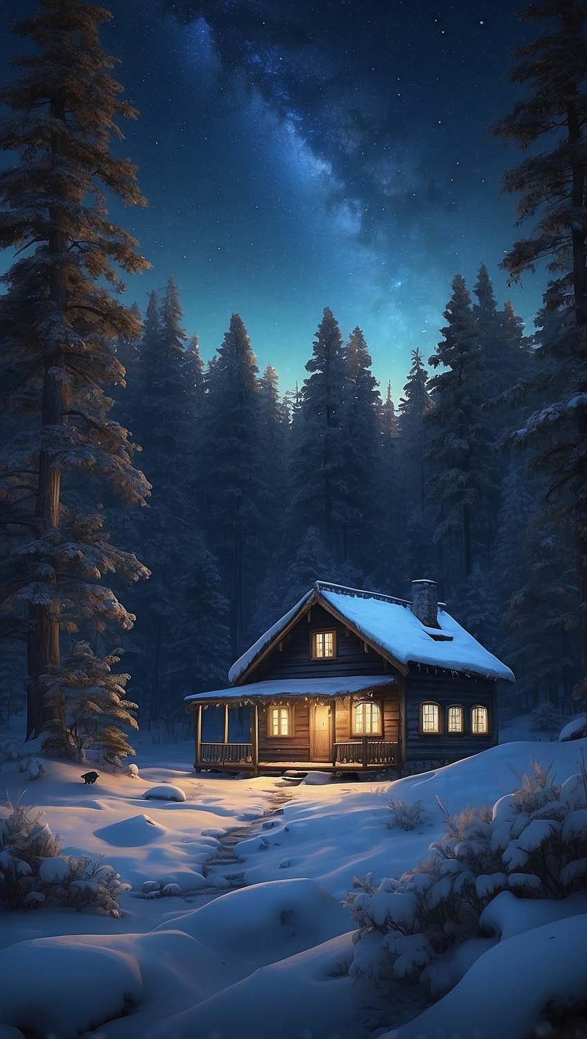 Snow Cabin in Woods iPhone Wallpaper