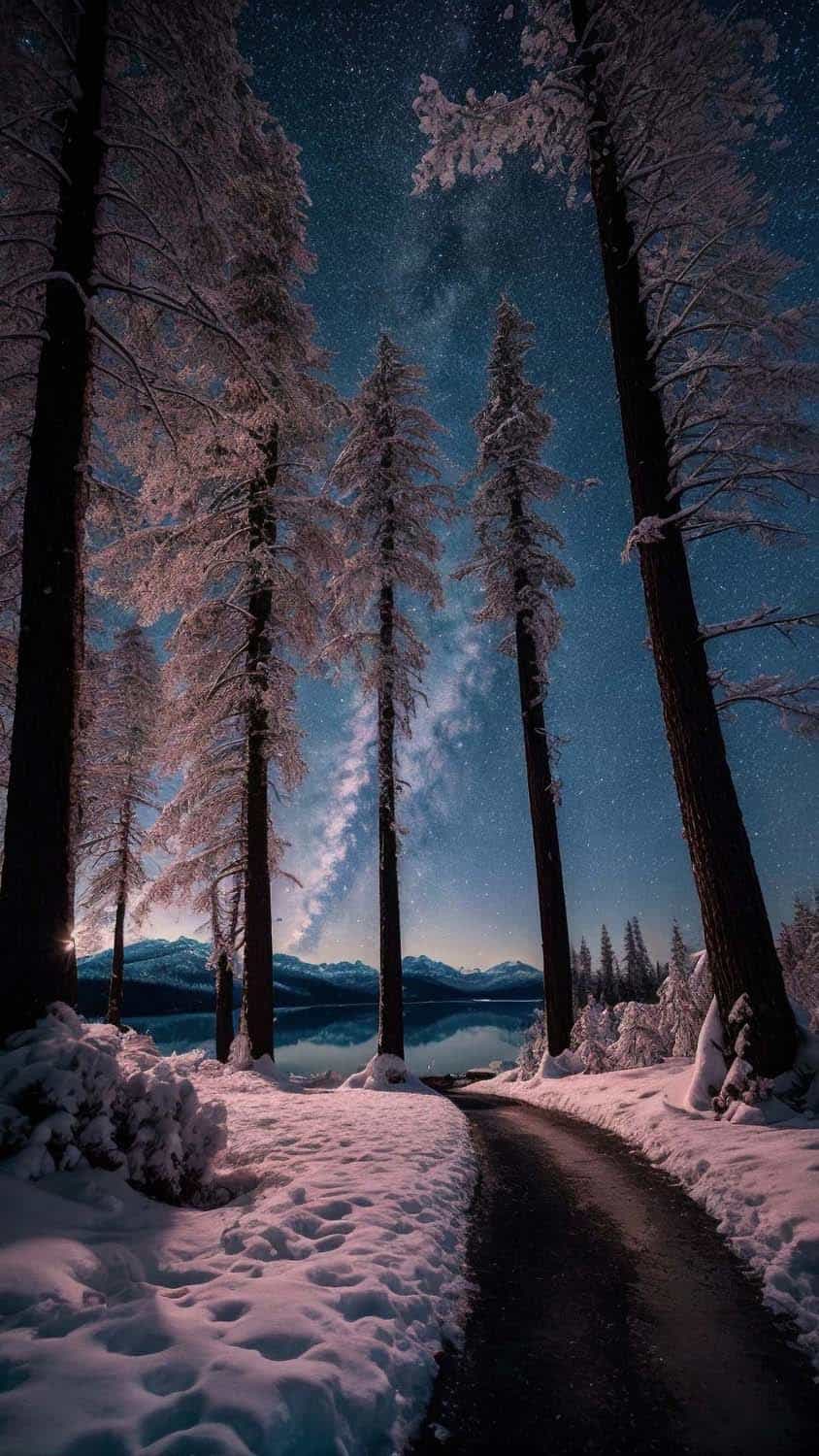 Winter Night Trees Starry Sky iPhone Wallpaper