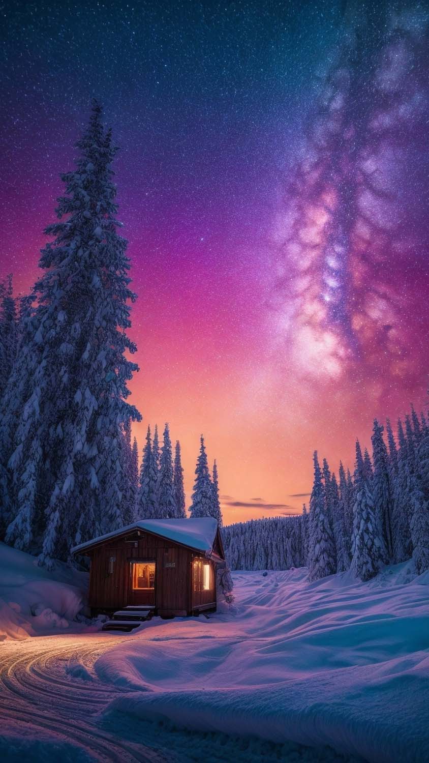 Wooden Cabin in Snow Forest iPhone Wallpaper