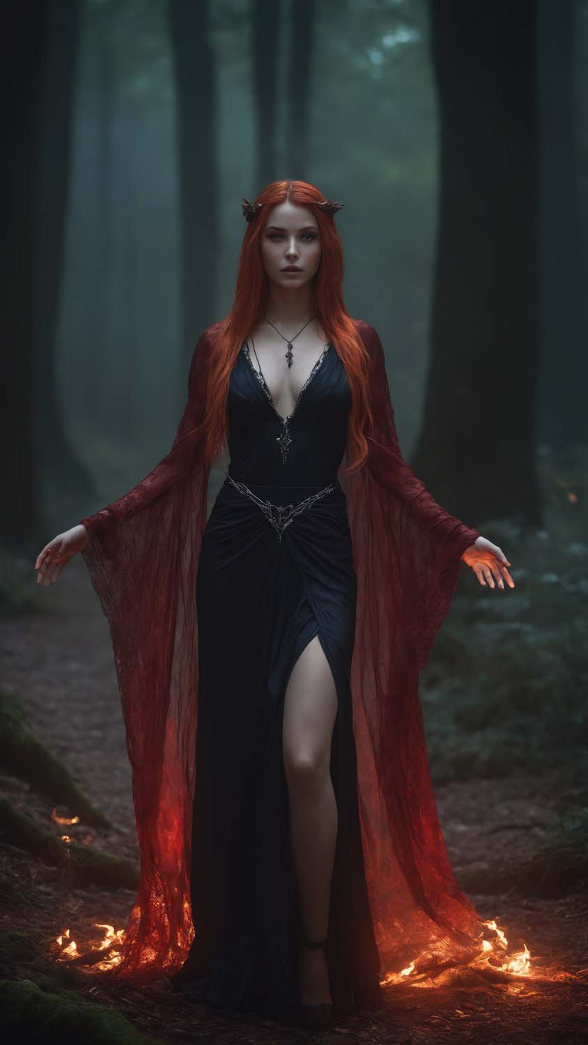 Dreamy fire fantasy girl forest