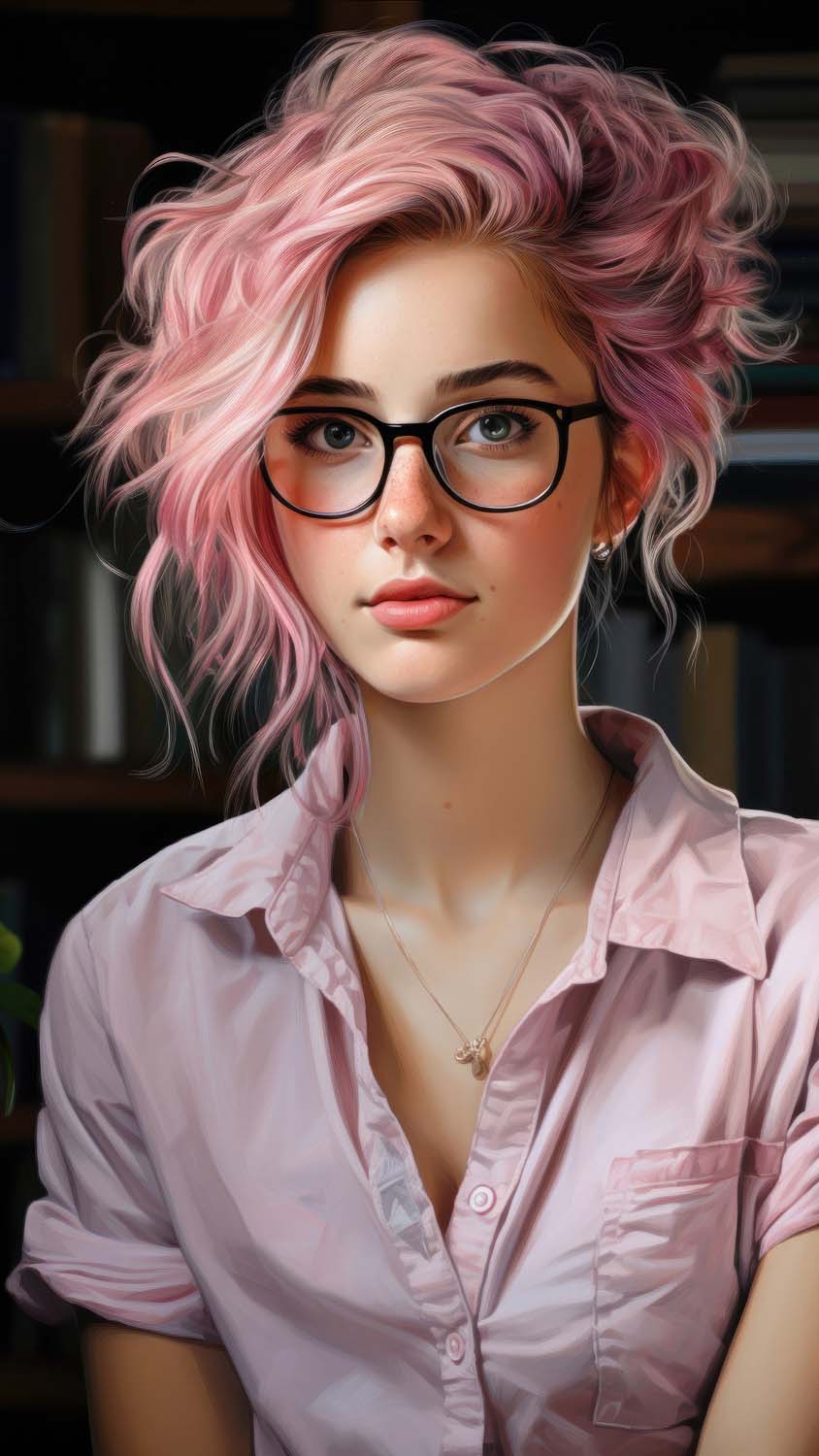 Pink haired girl with glasses at home office Cool Wallpapers