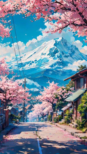 Cherry Blossom Trees and Mountains HD Wallpaper
