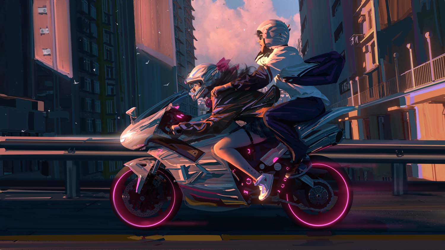 WLOP digital artartwork illustration street road city urban birds glowing sneaker scar model motorcycle Tekken