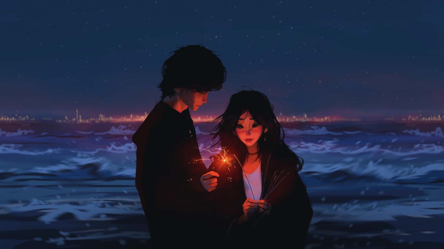 artillustration artwork painting couple women men sea wave snight 4K long hair dark hair earring stars