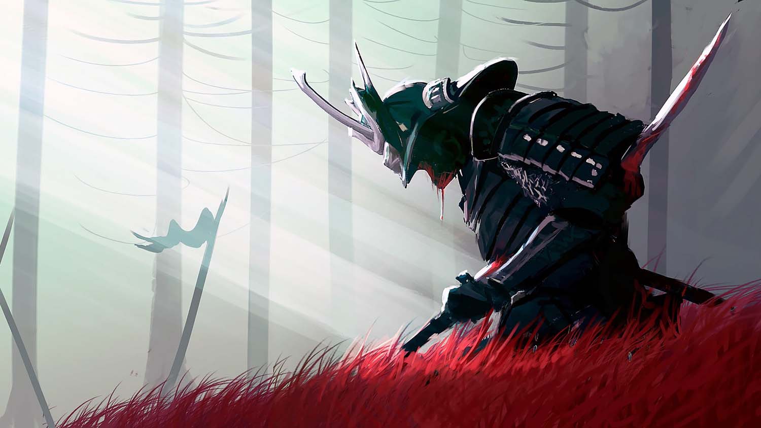 samurai digital wallpaper, sword, blood, fantasy, armor, weapon