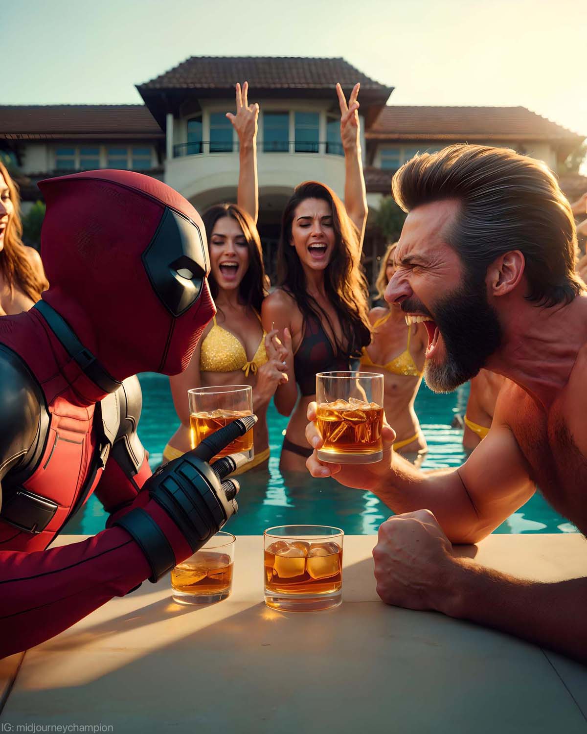 Deadpool and Wolverine Pool Party Celebration iPad Wallpaper Wallpaper HD